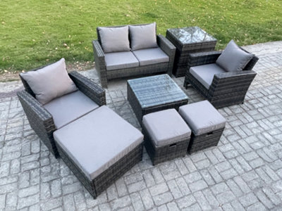 Fimous Rattan Garden Furniture Patio Conservatory Sofa Set With Square Coffee Table Armchair 2 Seater Sofa 3 Footstools