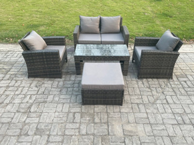 B&Q -  Outdoor Rattan Garden Furniture Set 5 Seater Patio Lounge Sofa Set With Coffee Table Big Footstool
