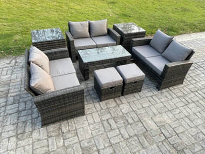 Fimous Outdoor U Shape Sofa Set Wicker Pe Rattan Garden Furniture Set With Coffee Table Double Seat Sofa 2 Footstools Small