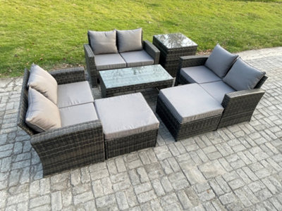 Fimous Outdoor U Shape Sofa Set Wicker Pe Rattan Garden Furniture Set With Coffee Table Double Seat Sofa 2 Big Footstool