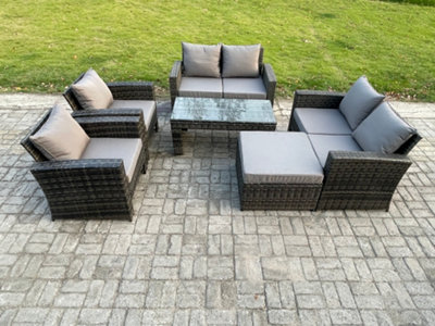 B&Q -  7 Seater Dark Grey Mixed High Back Rattan Sofa Set Coffee Table Garden Furniture Outdoor Patio With Love Sofa For Balcony