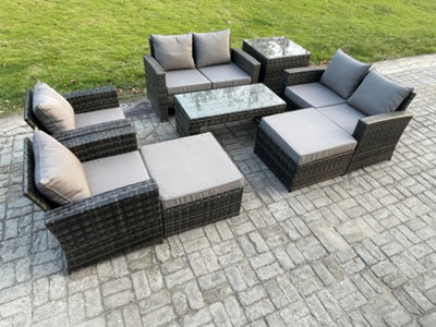 Fimous 8 Seater Outdoor Rattan Patio Furniture Set Garden Lounge Sofa Set With Armchairs Side Table 2 Big Footstool