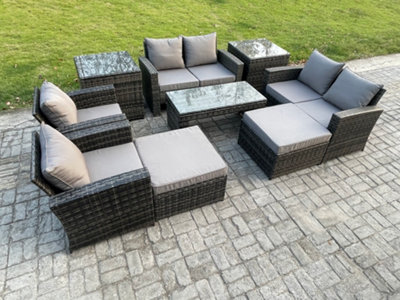 Fimous 8 Seater Outdoor Rattan Patio Furniture Set Garden Lounge Sofa Set With Armchairs 2 Side Tables 2 Big Footstool