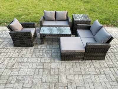 Fimous 6Pcs Rattan Outdoor Garden Furniture Sofa Set With Coffee Table Big Footstool Side Table Mixed Dark/Grey