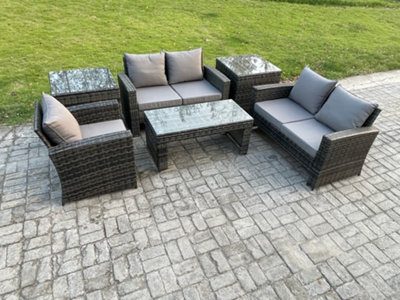 B&Q -  6Pcs Rattan Outdoor Garden Furniture Sofa Set With Coffee Table 2 Side Tables Dark Grey Mixed