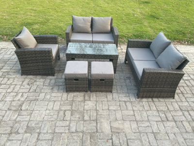 Fimous Dark/Grey 7 Seater Rattan Outdoor Garden Furniture Sofa Set With Coffee Table 2 Footstool Mixed Small