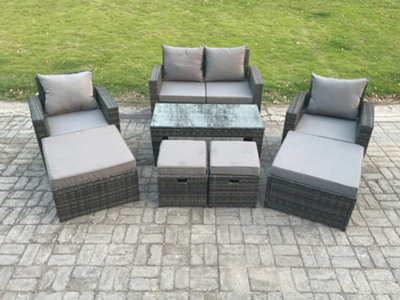 Fimous High Back Rattan Garden Furniture Sofa Sets With Rectangular Coffee Table Armchair 2 Big Footstool 2 Small Footstools