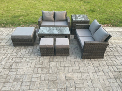 B&Q -  7 Seater High Back Rattan Garden Furniture Sofa Sets With Rectangular Coffee Table Side Table 3 Footstools Loveseat Sofa