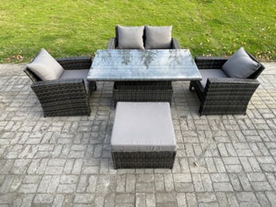 Fimous Outdoor Garden Dining Sets 5 Seater Rattan Patio Furniture Sofa Set With Rising Lifting Table Big Footstool