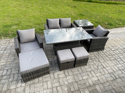 Fimous High Back Rattan Garden Furniture Sofa Sets With Height Adjustable Rising Lifting Table Side Table