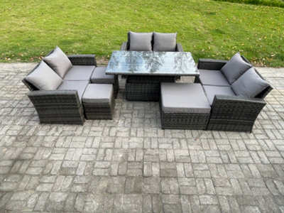 Fimous Wicker Pe Rattan Garden Furniture Set Height Adjustable Rising Lifting Table Sofa Dining Set With 3 Footstools from B&Q