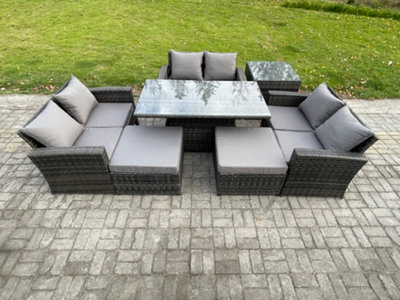 Fimous Wicker Pe Rattan Garden Furniture Set Height Adjustable Rising Lifting Table Sofa Dining Set With 2 Big Footstool from B&Q