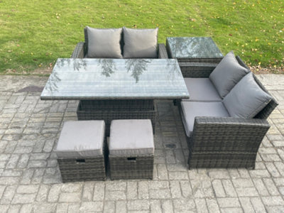 Fimous Garden Furniture Sets Rattan Outdoor Height Adjustable Rising Lifting Table Sofa Dining Set With Side Table Footstools