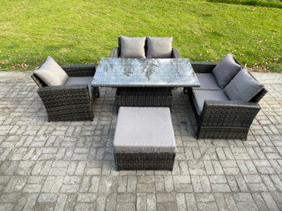 Fimous 5Pcs Rattan Outdoor Garden Furniture Set Height Adjustable Rising Lifting Table Sofa Dining Set With Big Footstool