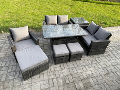 B&Q -  Outdoor Rattan Patio Furniture Set Garden Lounge Sofa Set With Rising Lifting Table Side Table 3 Footstools Dark Grey Mixed