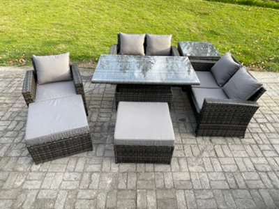 B&Q -  7 Seater Outdoor Rattan Patio Furniture Set Garden Height Adjustable Rising Lifting Table Sofa Dining Sofa