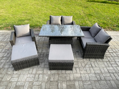 Fimous 7 Seater Wicker Rattan Garden Furniture Rising Table Set With 2 Big Footstool Double Seat Sofa Armchairs