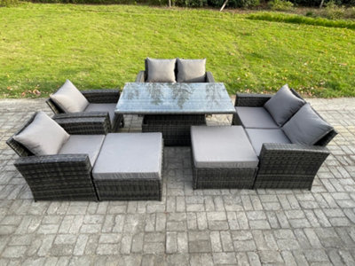 Fimous 8 Seater Wicker Rattan Garden Furniture Rising Table Set With 2 Big Footstool Double Seat Sofa Armchairs