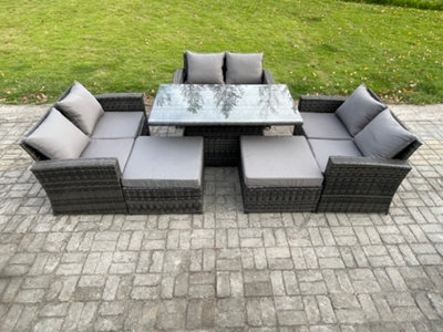 Fimous 8 Seater Wicker Rattan Garden Furniture Rising Table Set With 2 Big Footstool Double Seat Sofa