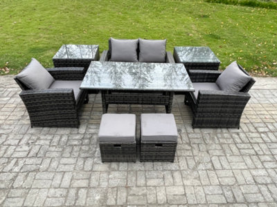 Fimous 6 Seater Pe Wicker Outdoor Garden Furniture Set Patio Furniture Rattan Rectangular Dining Table Lounge Sofa
