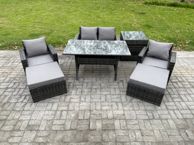 Fimous Outdoor Lounge Sofa Garden Furniture Set Rattan Rectangular Dining Table With Double Seat Sofa Armchair 2 Big Footstool