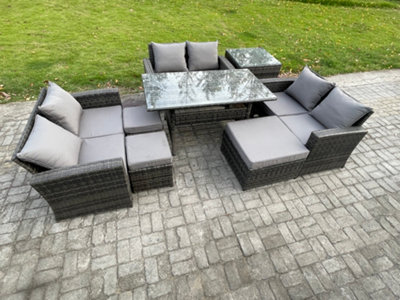 B&Q -  Wicker Rattan Garden Furniture Sets Outdoor Lounge Sofa Set With Oblong Dining Table Double Seat Sofa Dark Grey Mixed