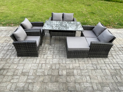 Fimous Rattan Garden Furniture Set 7 Seater Patio Outdoor Lounge Sofa Set With Oblong Dining Table Double Seat Sofa