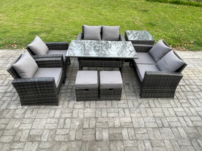 Fimous Rattan Garden Furniture Set 8 Seater Patio Outdoor Lounge Sofa Set With Oblong Dining Table Double Seat Sofa