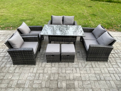 B&Q -  Rattan Garden Furniture Set Patio Outdoor Lounge Sofa Set With Oblong Dining Table Double Seat Sofa 2 Small Footstools