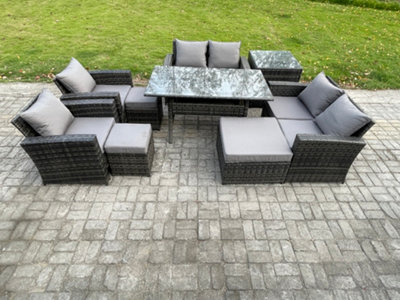 B&Q -  Garden Furniture Sets 9 Pieces Rattan Furniture Handmade Wicker Patio Sofa Set With 3 Footstools Side Table