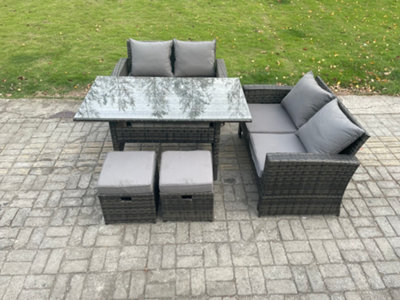 B&Q -  6 Seater Pe Wicker Rattan Garden Furniture Set Love Sofa Outdoor Rectangular Dining Table 2 Small Footstools