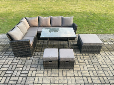 Fimous Outdoor Furniture Garden Dining Set Rattan Corner Sofa Set With Rectangular Dining Table 3 Footstools Mixed Dark/Grey