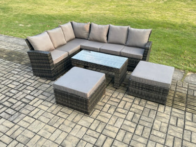 Fimous Outdoor Furniture Garden Dining Set Rattan Corner Sofa Set With 2 Big Footstool Mixed Dark/Grey