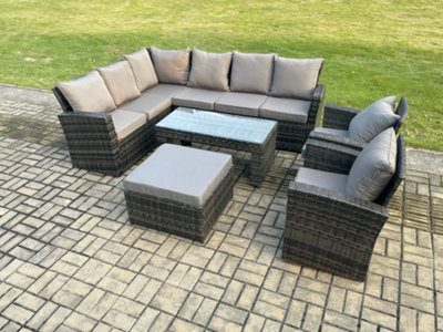 Fimous Outdoor Furniture Garden Dining Set Rattan Corner Sofa Set With 2 Armchairs Big Footstool Mixed Dark/Grey