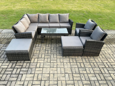 Fimous Outdoor Furniture Garden Dining Set Rattan Corner Sofa Set With 2 Armchairs 2 Big Footstool Mixed Dark/Grey