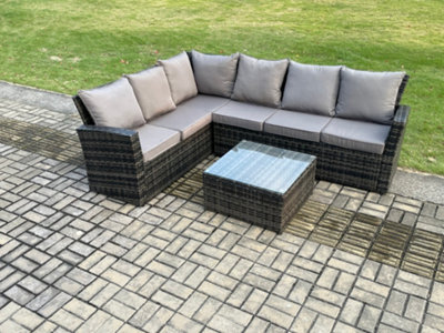 Fimous 6 Seater Outdoor Furniture Garden Dining Set Rattan Corner Sofa Set With Square Coffee Table Dark Grey Mixed from B&Q