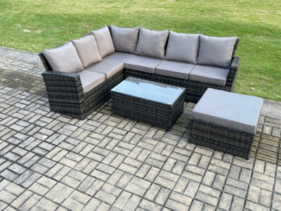 B&Q -  7 Seater Outdoor Furniture Garden Dining Set Rattan Corner Sofa Set With Rectangular Coffee Table Big Footstool