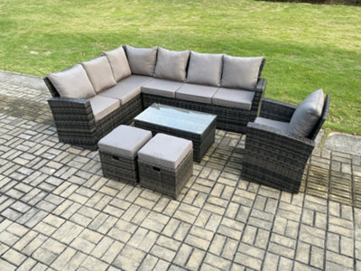 Fimous 9 Seater Outdoor Furniture Garden Dining Set Rattan Corner Sofa Set With Rectangular Coffee Table 2 Small Footstools from B&Q