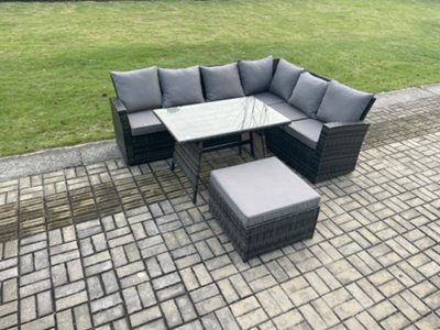 B&Q -  High Back Outdoor Garden Furniture Set Rattan Corner Sofa Dining Table Set With Big Footstool 7 Seater