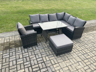 B&Q -  High Back Outdoor Garden Furniture Set Rattan Corner Sofa Dining Table Set With Armchair Big Footstool