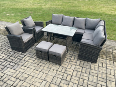 Fimous High Back Outdoor Garden Furniture Set Rattan Corner Sofa Dining Table Set With Armchairs Footstool