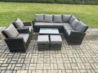 Fimous 10 Seater High Back Outdoor Garden Furniture Set Rattan Corner Sofa Set With Rectangular Coffee Table 2 Small Footstools from B&Q