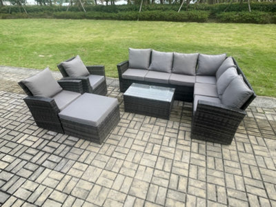 Fimous 9 Seater High Back Outdoor Garden Furniture Set Rattan Corner Sofa Set With Rectangular Coffee Table Footstool