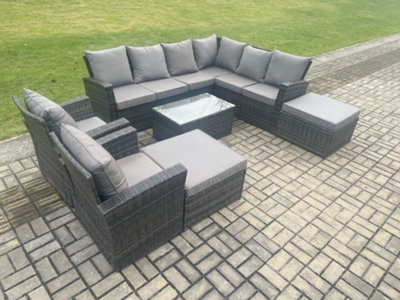 Fimous 10 Seater High Back Outdoor Garden Furniture Set Rattan Corner Sofa Set With Rectangular Coffee Table Big Footstool from B&Q