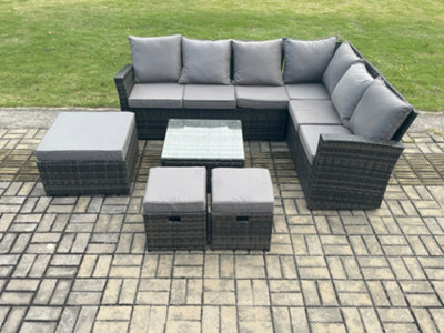 B&Q -  Rattan Garden Furniture Set Outdoor Lounge Corner Sofa Set With Square Coffee Table 3 Footstools 9 Seater