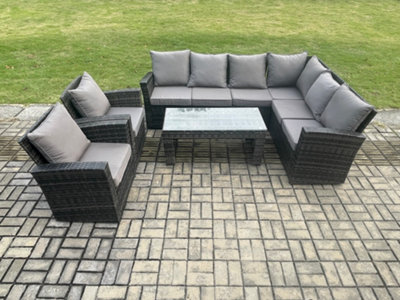 B&Q -  8 Seat Rattan Garden Furniture Corner Sofa Set Outdoor Patio Sofa Chair Table Set With Cushions Dark Grey Mixed