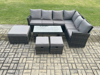 Fimous Rattan Corner Sofa Garden Furniture Set With 3 Footstools Rectangular Coffee Table With Cushion Mixed Dark/Grey