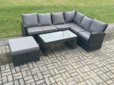 Fimous Rattan Corner Sofa Garden Furniture Set With Big Footstool Rectangular Coffee Table With Cushion Dark Grey Mixed from B&Q
