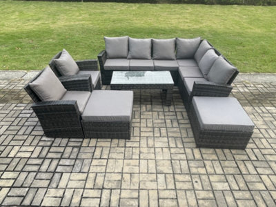 Fimous Rattan Corner Sofa Garden Furniture Set With 2 Big Footstool Rectangular Coffee Table 2 Armchairs Mixed Dark/Grey