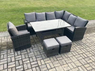 B&Q -  9 Seater Garden Rattan Furniture Corner Sofa Dining Table Set With 2 Small Footstools Armchair Indoor Outdoor